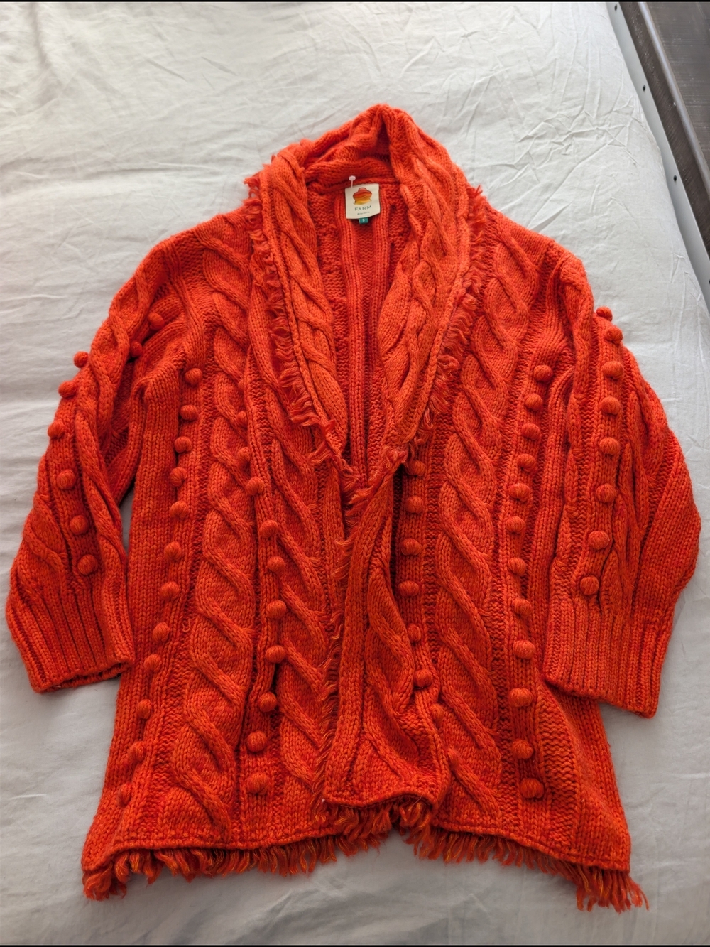 Farm Rio Orange Braided Fringe Cable Knit Cardigan Sweater NWOT S Mohair Blend
